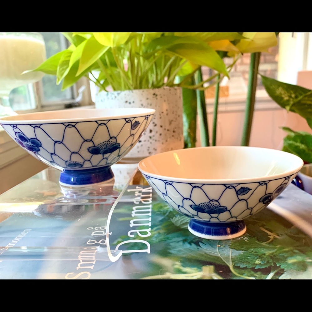 2 Blue & White Fishnet Style Ceramic Rice Bowls